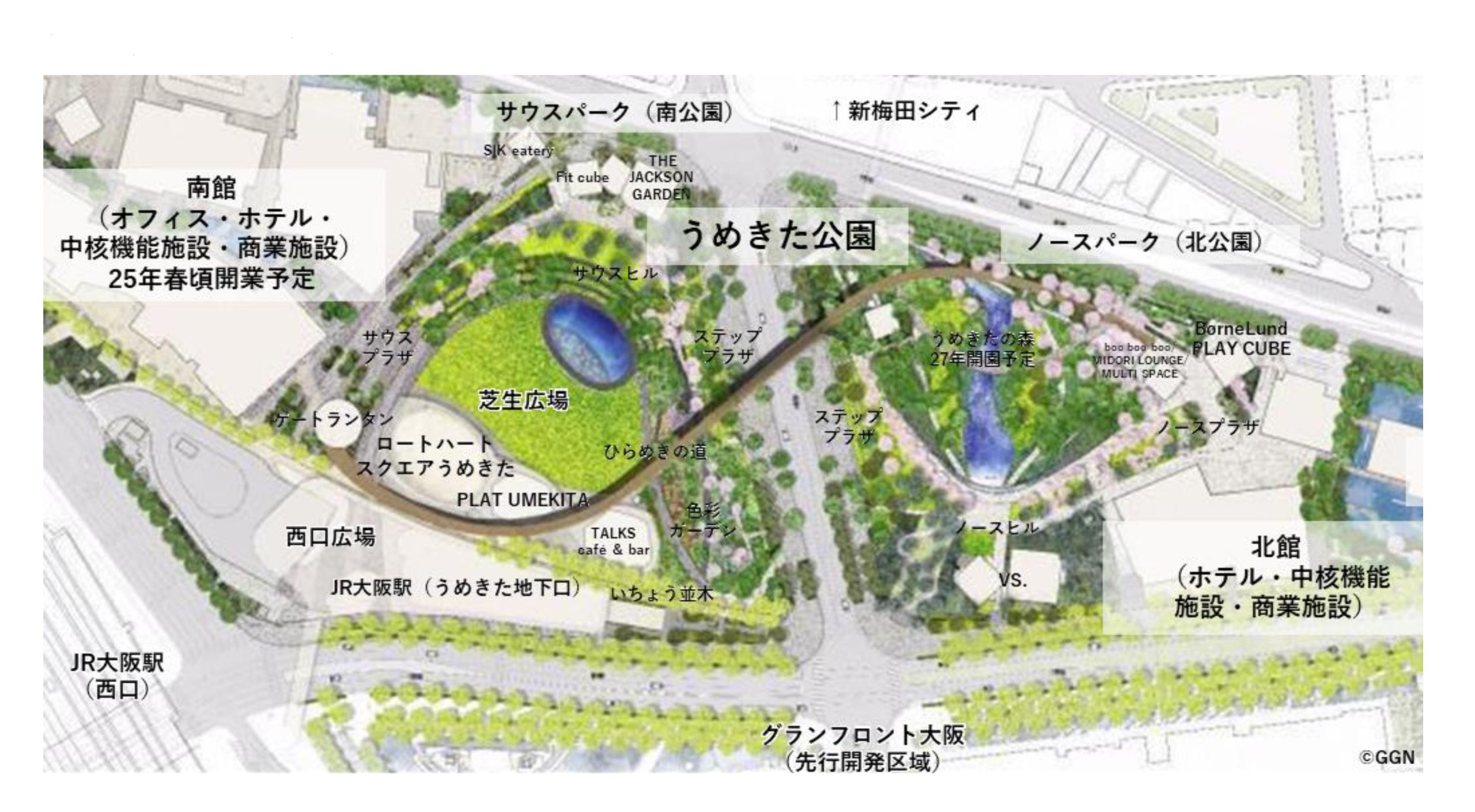 うめきた公園の全体計画図