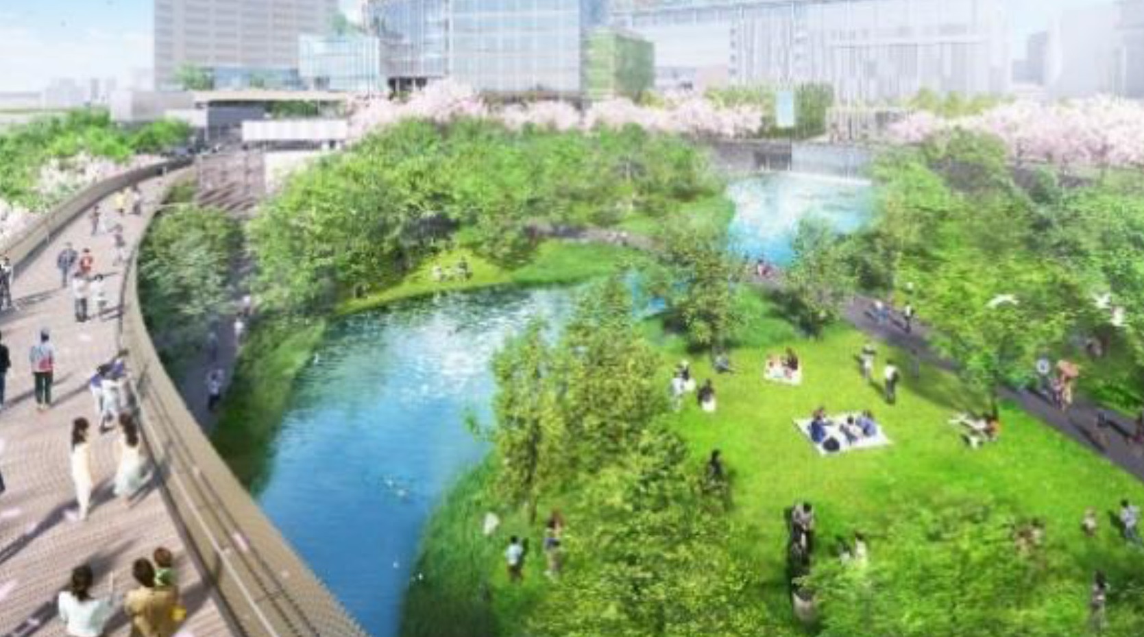 南北の公園それぞれに3mのランドフォーム（盛土）で形成した丘があり、日本庭園にも通じる奥行き感を生み出している（ノースパークは2027年完成予定）